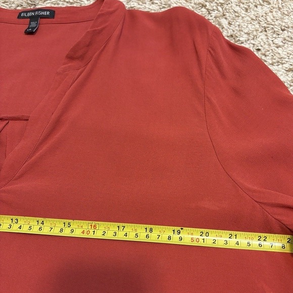 Eileen Fisher‎ 100% Silk Large V-neck Button Down Rust Tunic Long Shirt Minimal - Picture 8 of 12